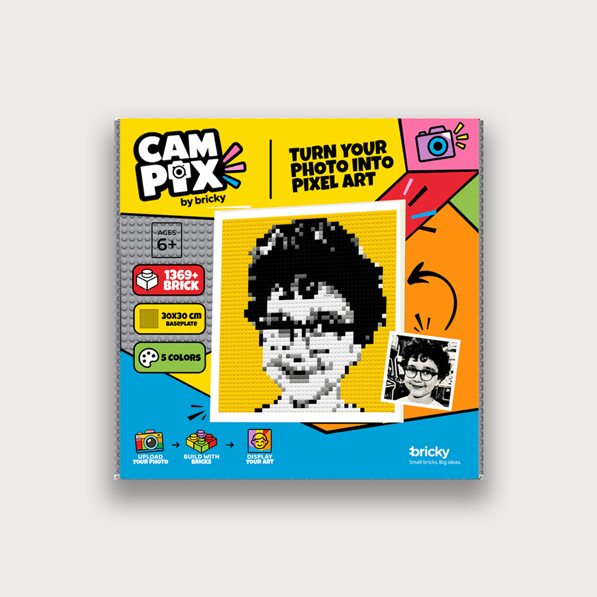 Bricky Cam Pix boy hero photo mosaic kit pixel art front packaging