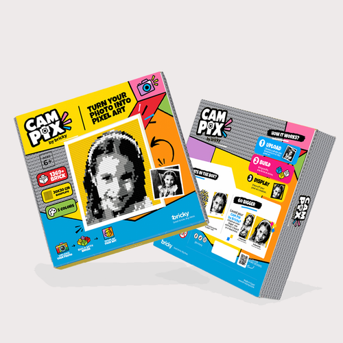 Bricky Cam Pix girl hero photo mosaic kit with colorful brick packs on the front packaging and the instructions on the back of the package.
