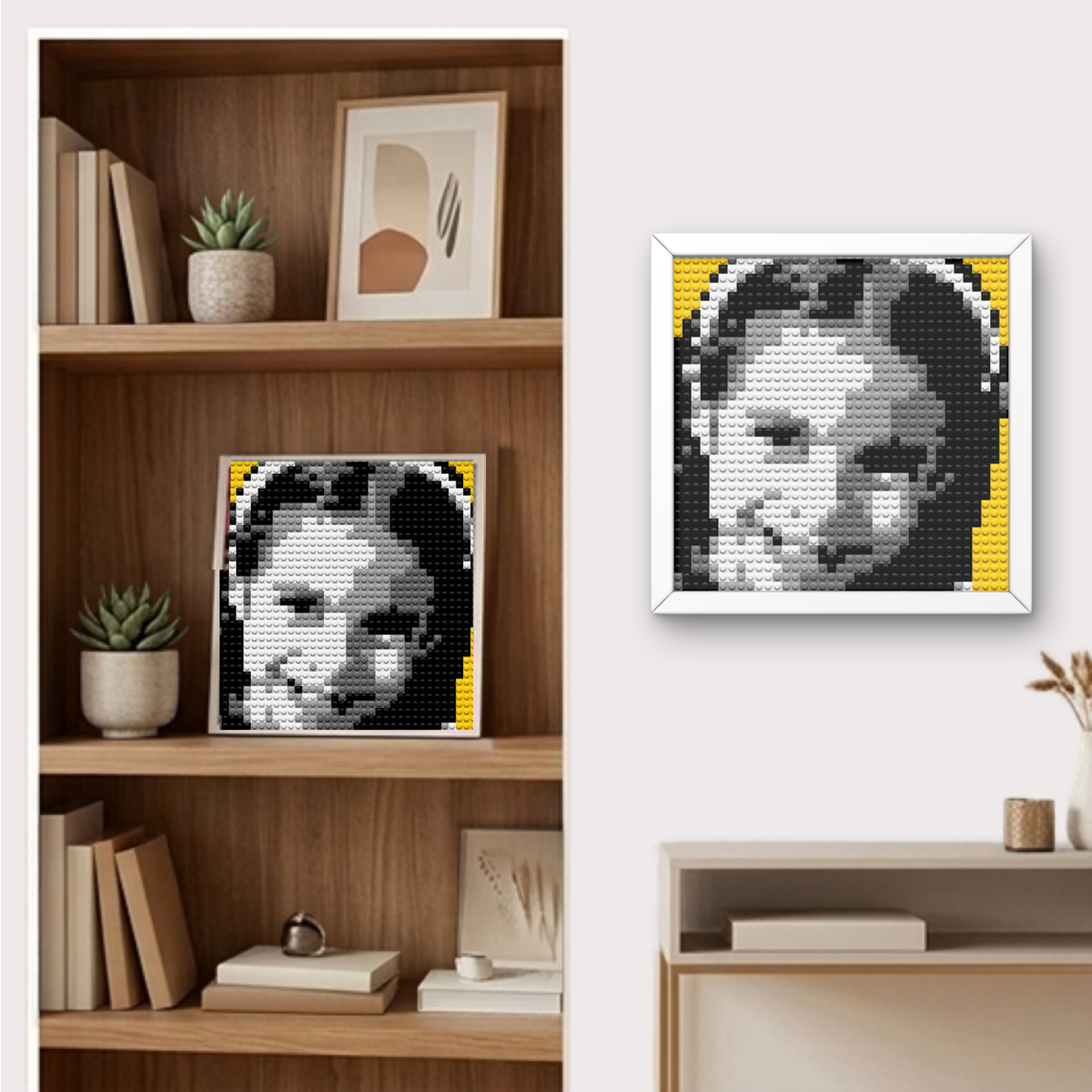 Finished Bricky Cam Pix girl hero pixel art mosaic hanging on a wall and displayed on a shelf