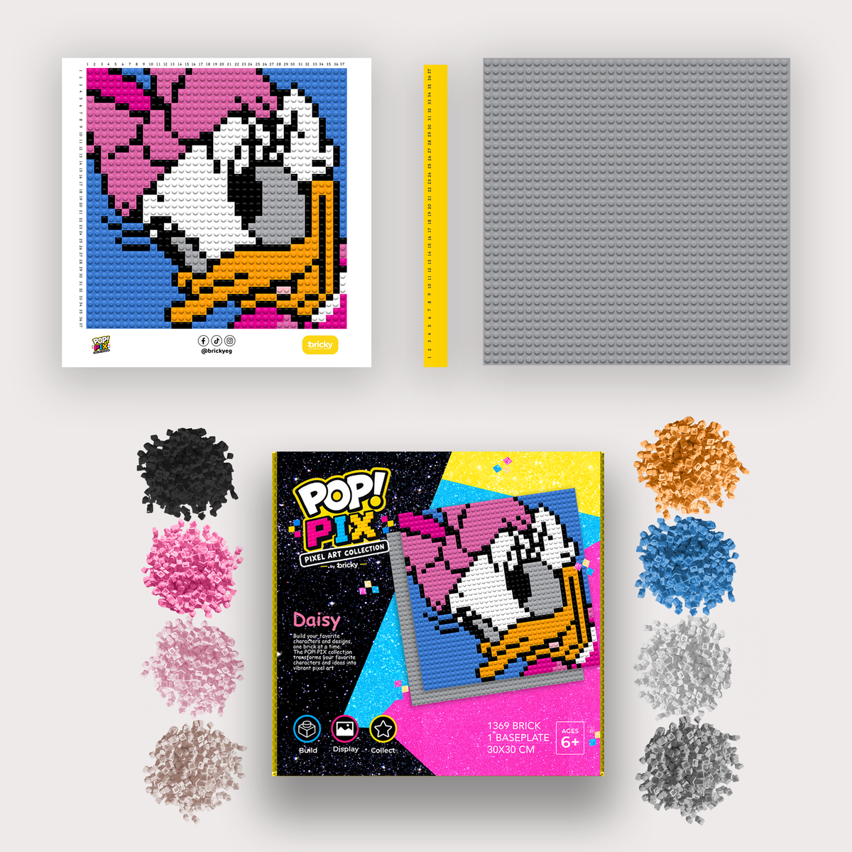 Bricky POP! PIX Daisy kit with colorful bricks, ruler, baseplate, printed building guide, and packaging