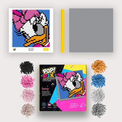 Bricky POP! PIX Daisy kit with colorful bricks, ruler, baseplate, printed building guide, and packaging