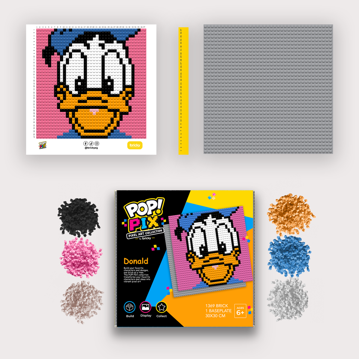 Bricky POP! PIX Donald kit with colorful bricks, ruler, baseplate, printed building guide, and packaging