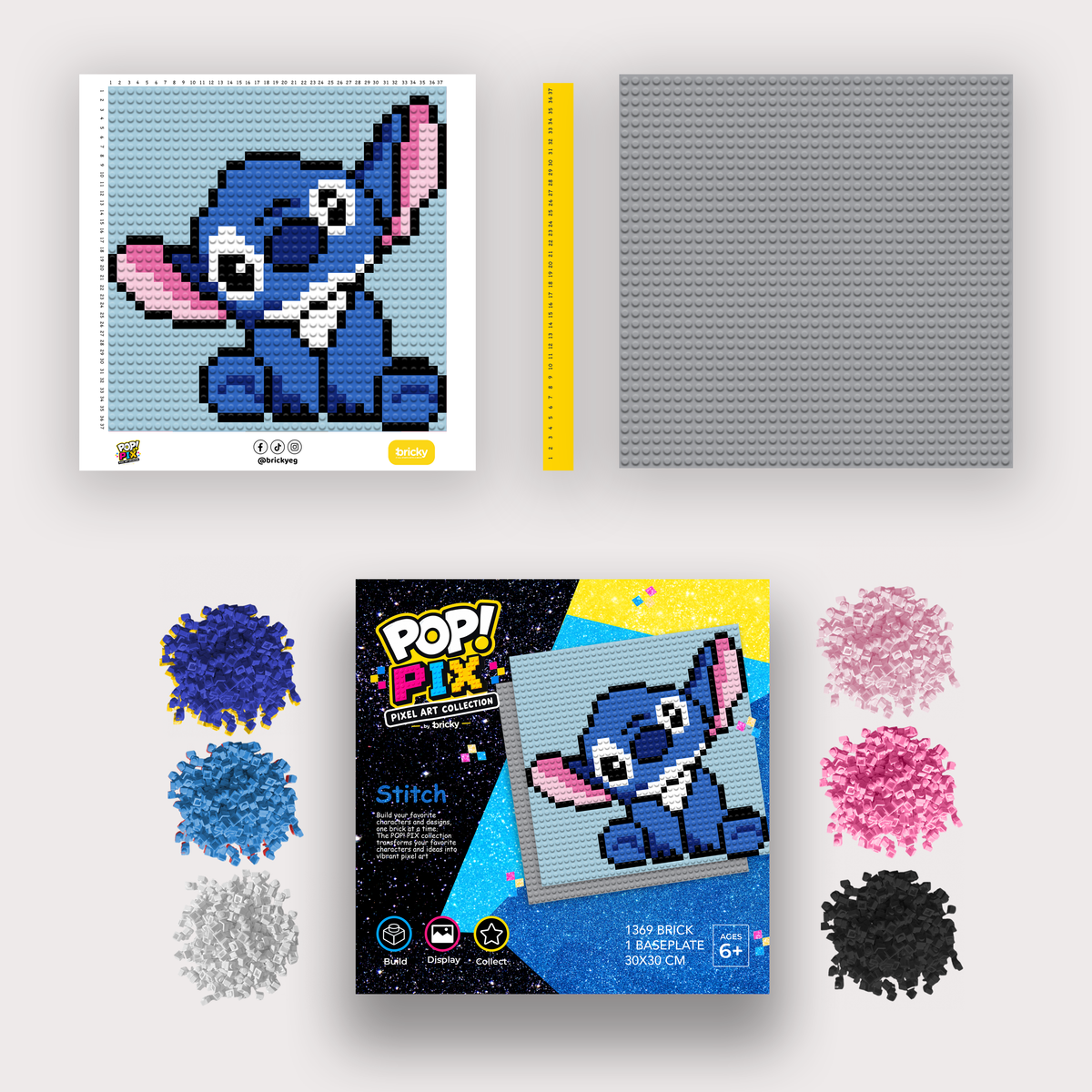 Bricky POP! PIX Stitch kit with colorful bricks, ruler, baseplate, printed building guide, and packaging