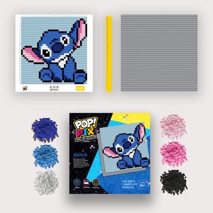 Bricky POP! PIX Stitch kit with colorful bricks, ruler, baseplate, printed building guide, and packaging