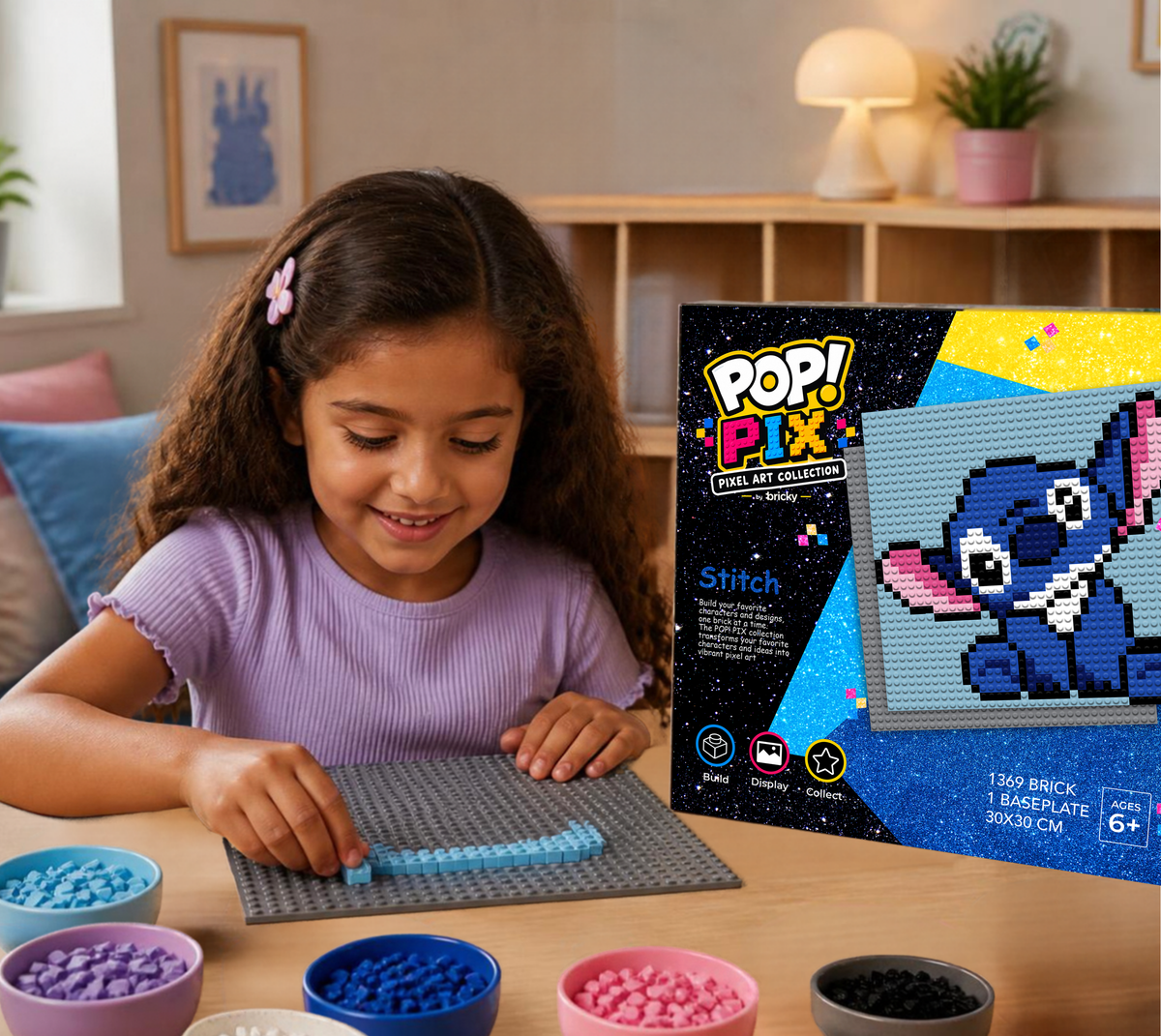 Girl building a Bricky POP! PIX Stitch pixel art baseplate with the Stitch package and bricks in bowls on the table
