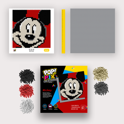 Bricky POP! PIX Mickey kit with colorful bricks, ruler, baseplate, printed building guide, and packaging