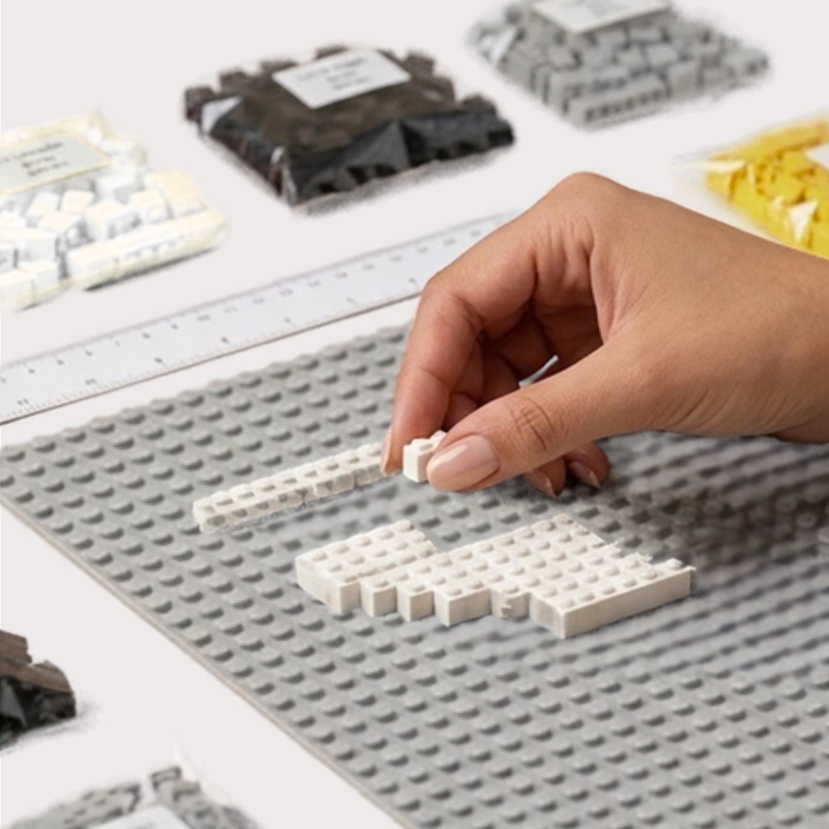 A hand assembling small white plastic building bricks  on a gray baseplate, with packets of additional bricks and a ruler visible in the background.